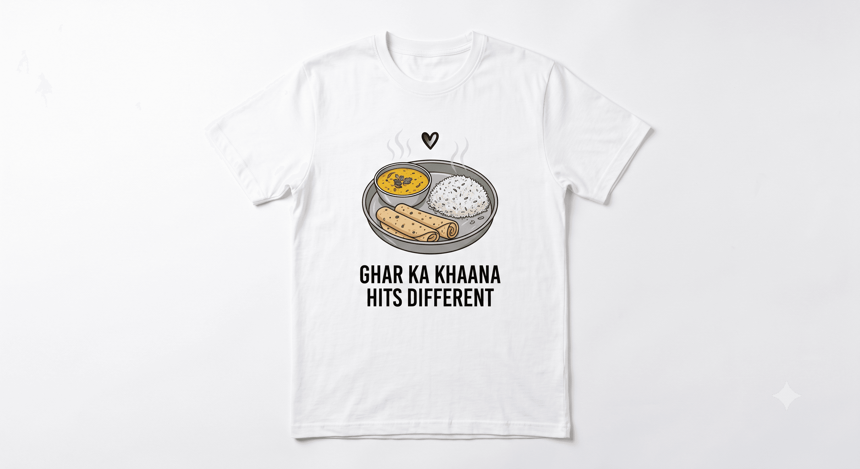 Ghar Ka Khaana Hits Different — White — On T-Shirt (real)